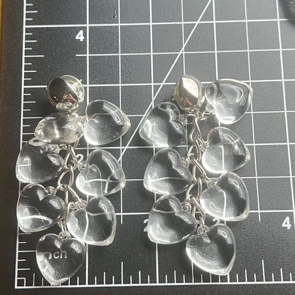 Vintage Clear Lucite Earrings Puffy Heart Silver-Tone Dangling 3" Y2K Statement - Picture 4 of 8